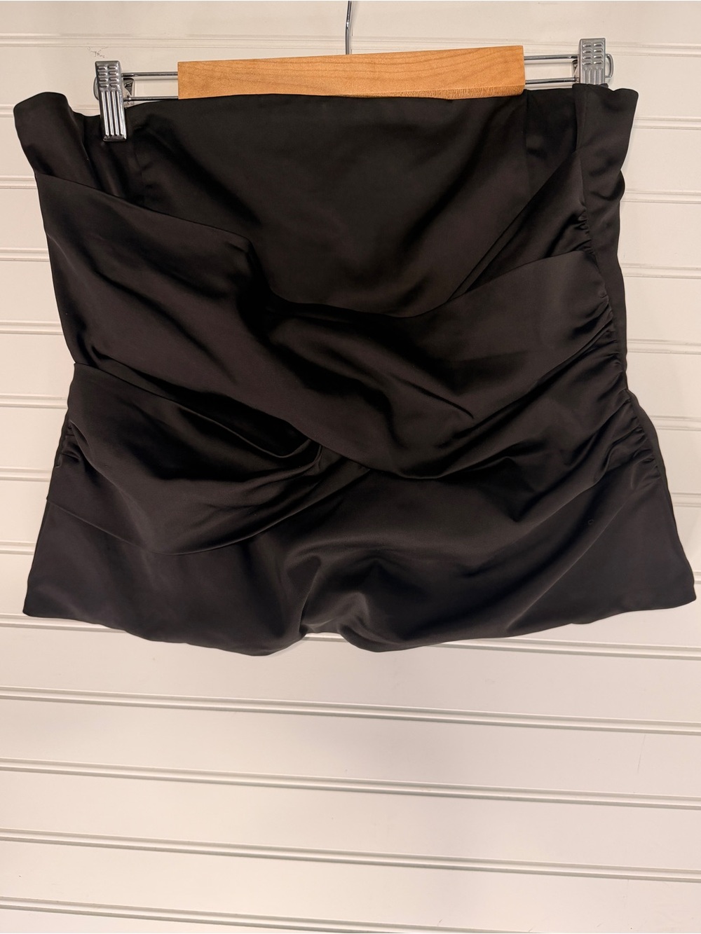 BCBG MaxAzria Black Strapless Satin Ruched Corset Top, Size L